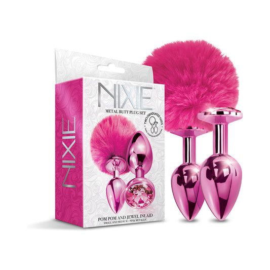 Global Novelties NIXIE Metal Butt Plug Set Pom Pom and Jewel 1