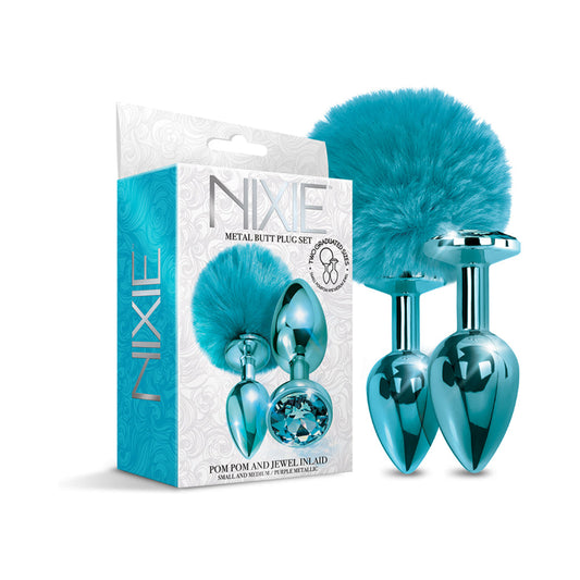 Global Novelties NIXIE Metal Butt Plug Set Pom Pom and Jewel
