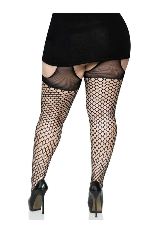 Leg Avenue Addison Plus Oval Net Suspender Hose Black in 1X/2X