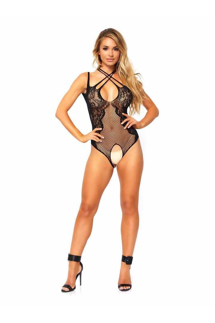 Leg Avenue Afterglow Lace Halter Teddy Black in One Size 3