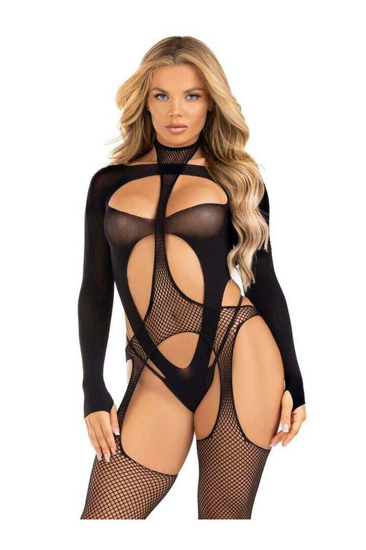 Leg Avenue Cheat Code Suspender Bodystocking and Teddy Set Black in One Size
