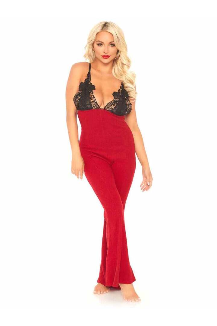 Leg Avenue Chill Vibes Ribbed Onesie in Red/Black 1