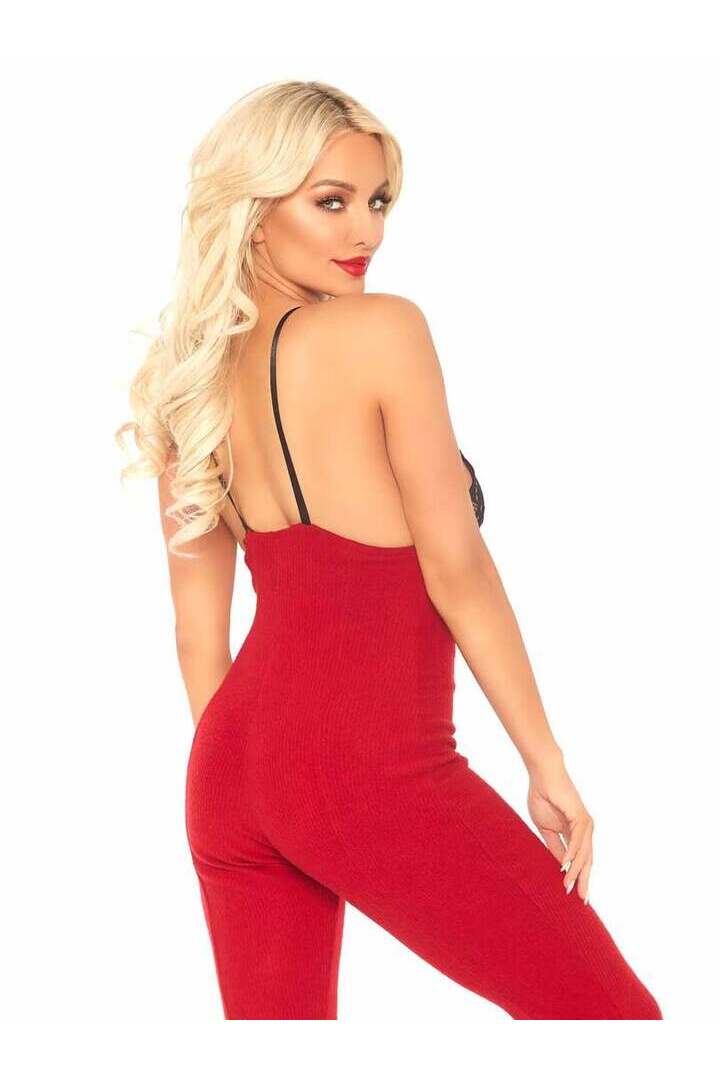 Leg Avenue Chill Vibes Ribbed Onesie in Red/Black 2