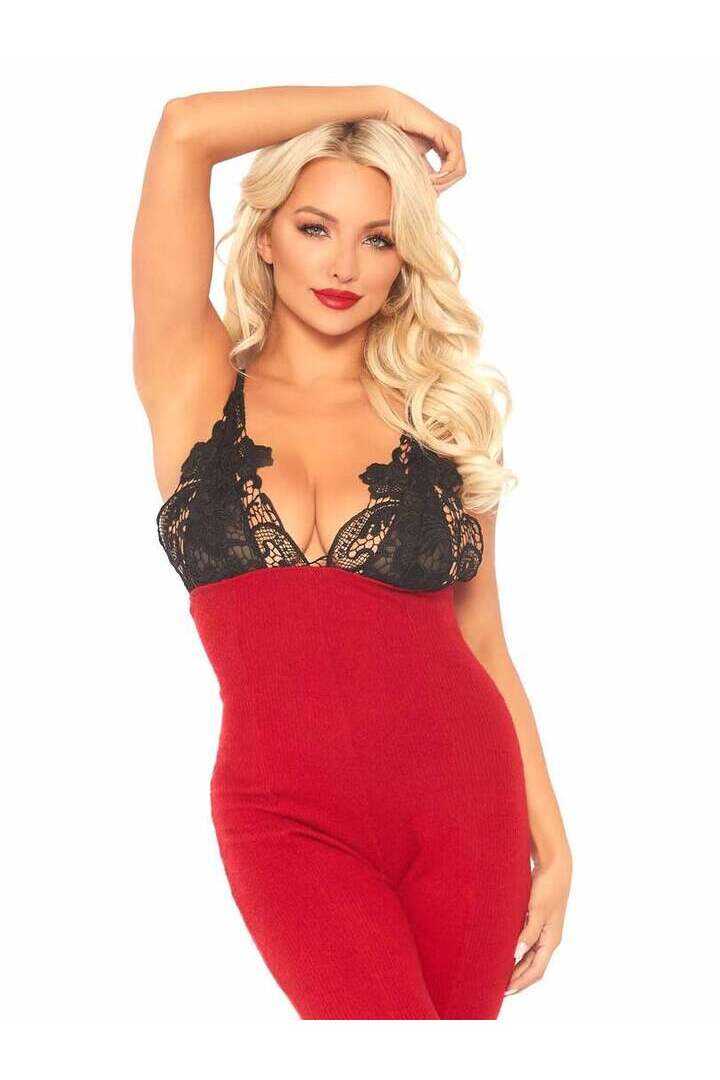 Leg Avenue Chill Vibes Ribbed Onesie in Red/Black 3
