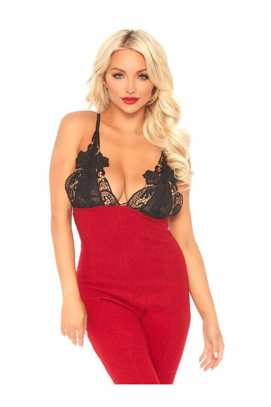 Leg Avenue Chill Vibes Ribbed Onesie in Red/Black