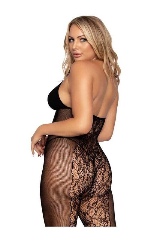 Leg Avenue Curves Ahead Lace & Opaque Bodystocking Black in One Size 1