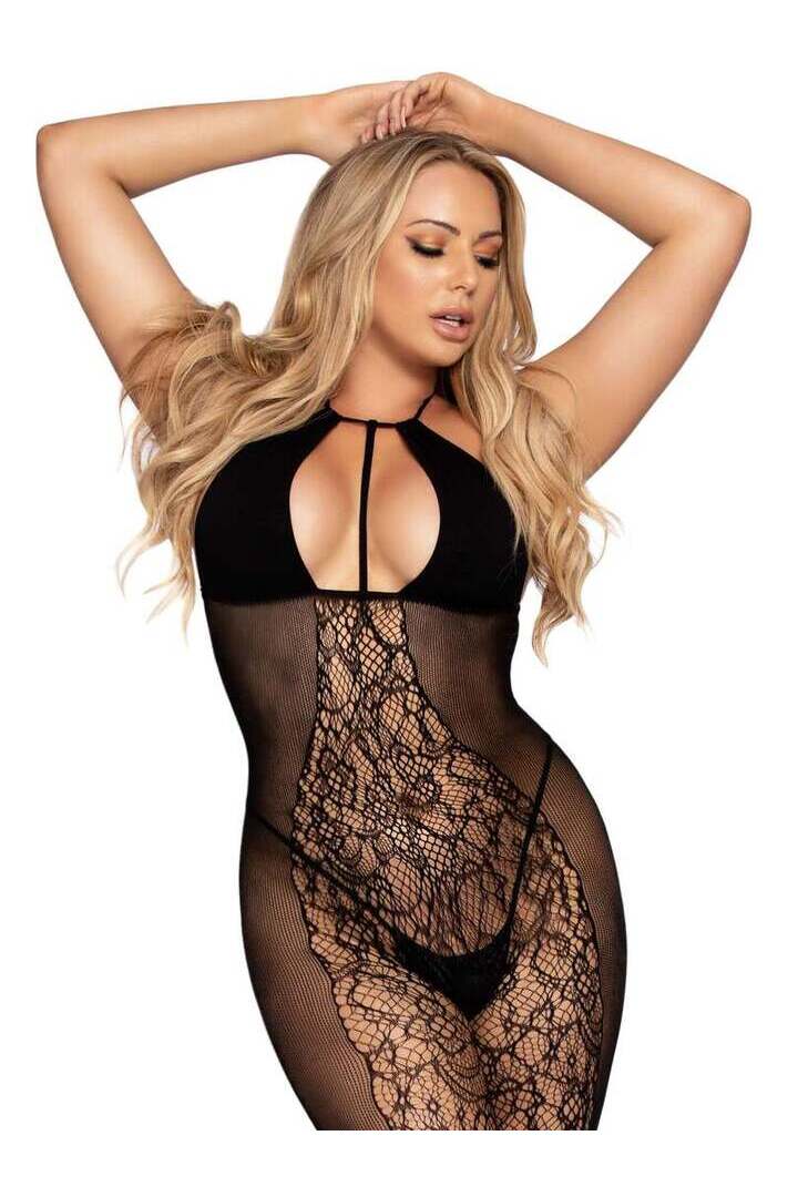 Leg Avenue Curves Ahead Lace & Opaque Bodystocking Black in One Size 2
