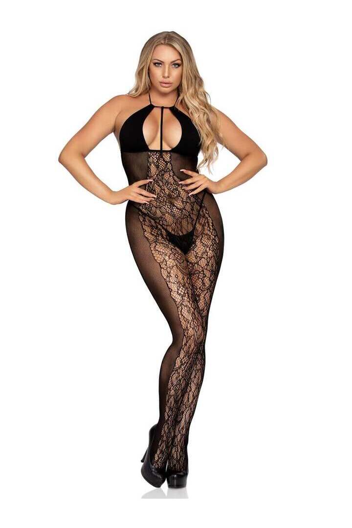 Leg Avenue Curves Ahead Lace & Opaque Bodystocking Black in One Size 3