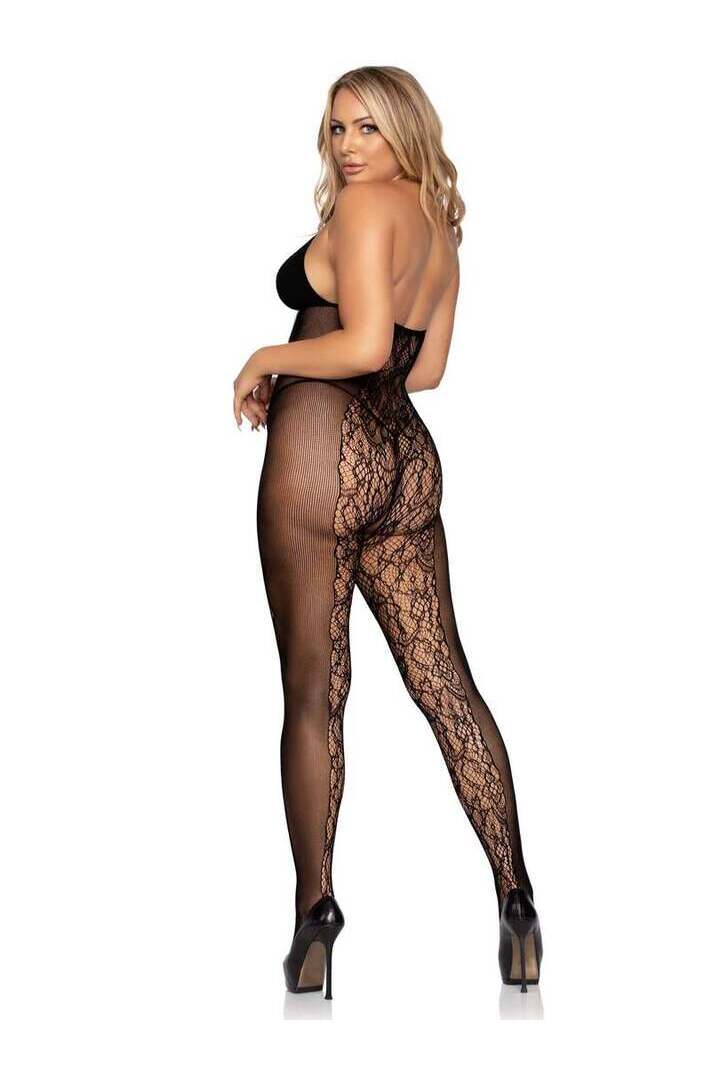 Leg Avenue Curves Ahead Lace & Opaque Bodystocking Black in One Size 4
