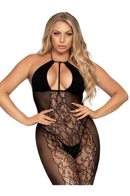 Leg Avenue Curves Ahead Lace & Opaque Bodystocking Black in One Size