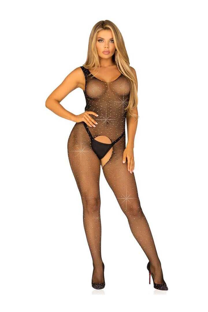 Leg Avenue Dare Me Rhinestone Bodystocking Black in One Size 4