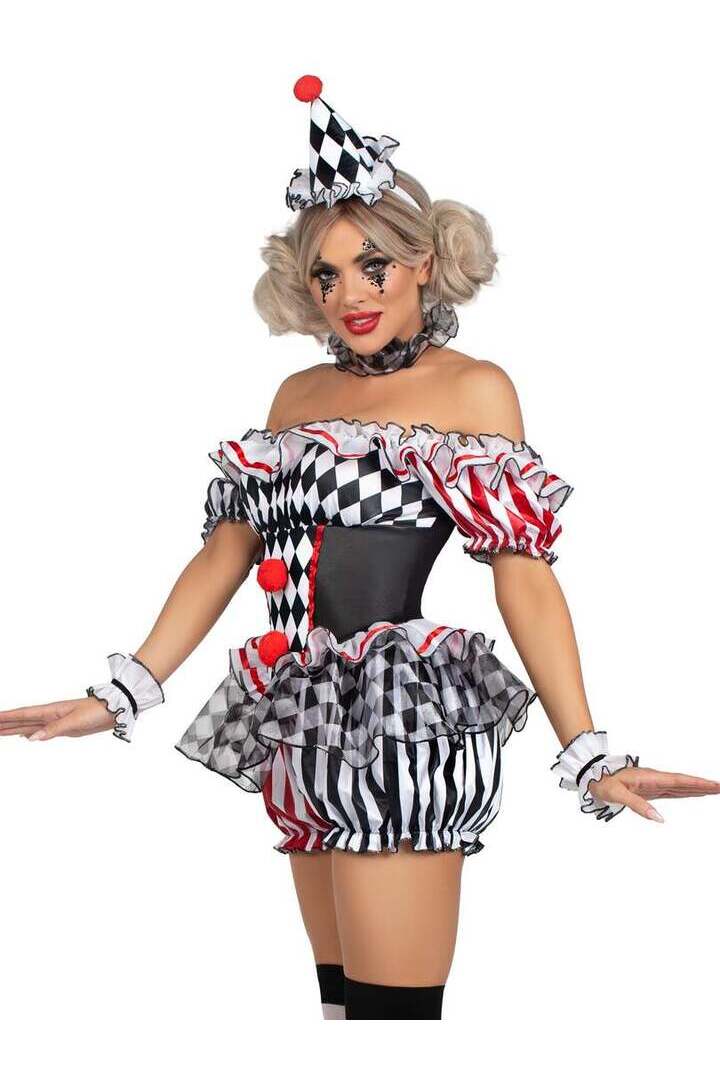 Leg Avenue Darling Harlequin Clown Costume in White/Red/Black 2