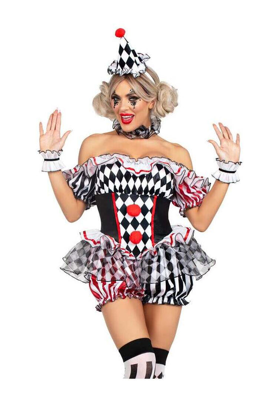 Leg Avenue Darling Harlequin Clown Costume in White/Red/Black