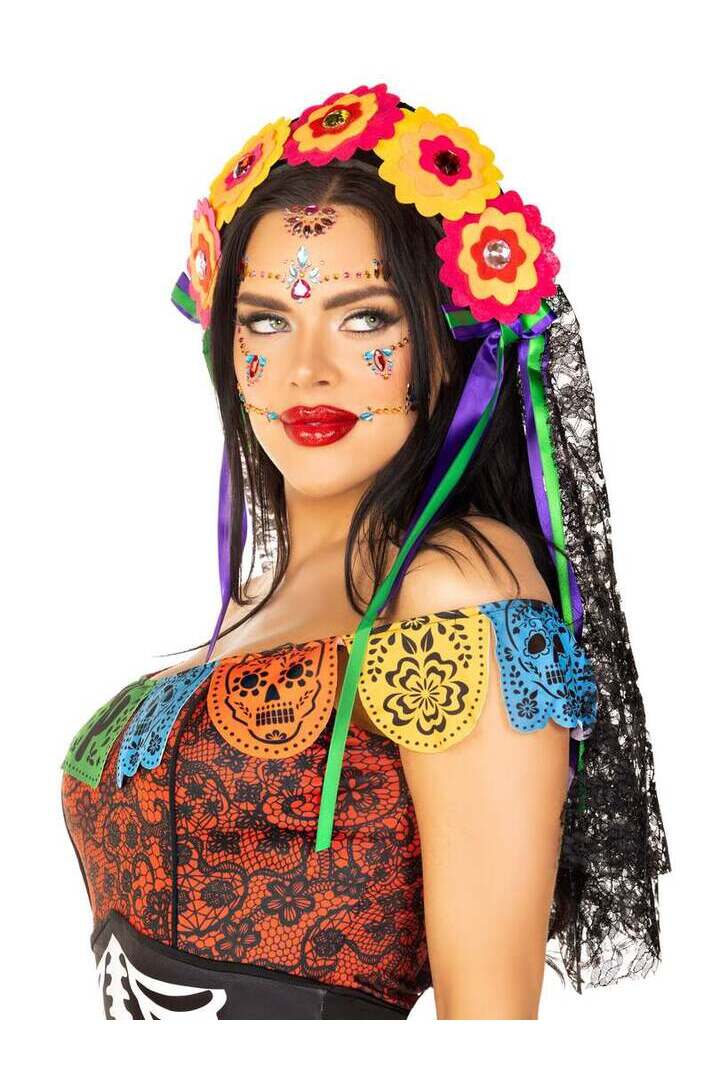 Leg Avenue Day of the Dead Flower Headpiece with Lace Veil Multicolor in One Size 2