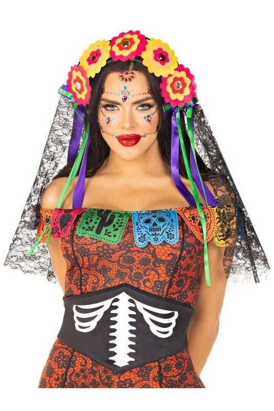 Leg Avenue Day of the Dead Flower Headpiece with Lace Veil Multicolor in One Size