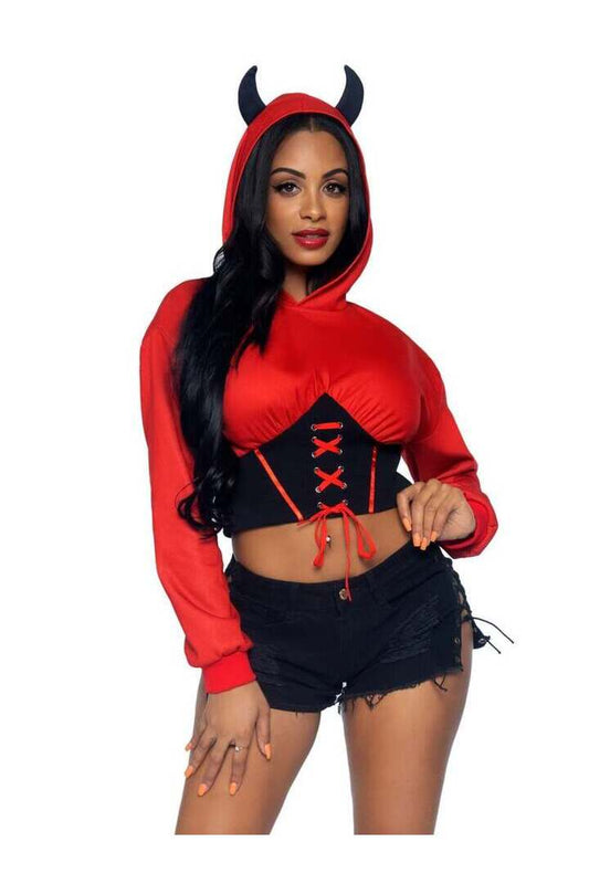 Leg Avenue Devil Cropped Hoodie With Wings in Red/Black