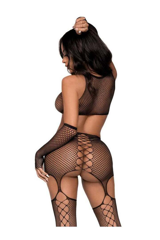 Leg Avenue Do It To It Net Cami Garter Set Black in One Size 1