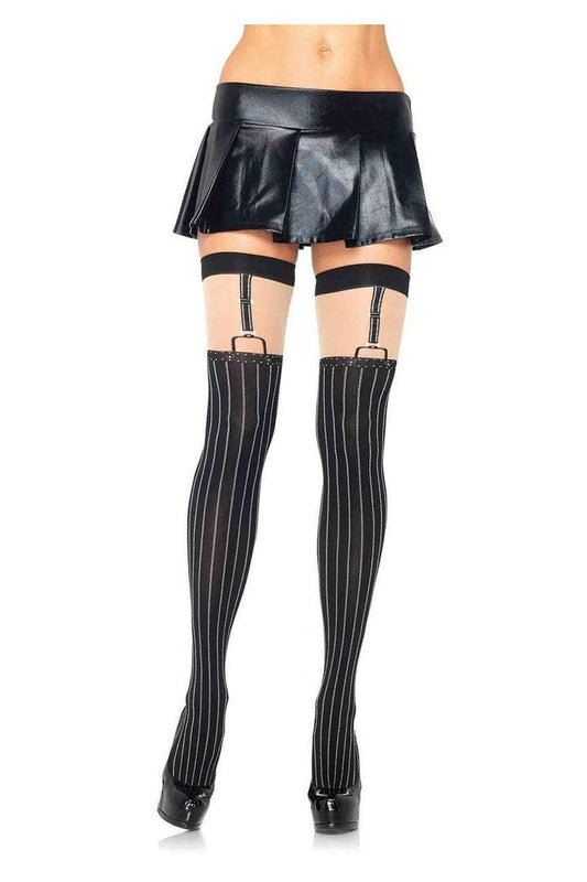 Leg Avenue Dove Pinstriped Suspender Thigh High Stockings Black/Nude in One Size