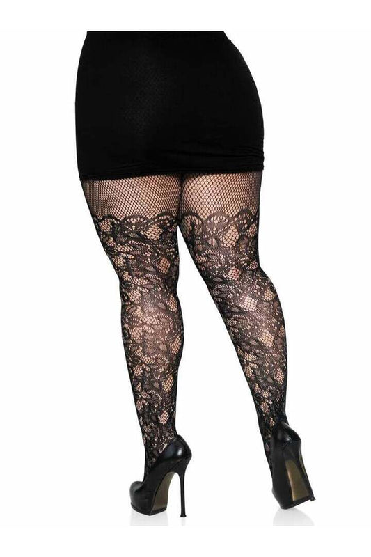 Leg Avenue Drew Plus Floral Vine Fishnet Tights Black in Queen Size 1