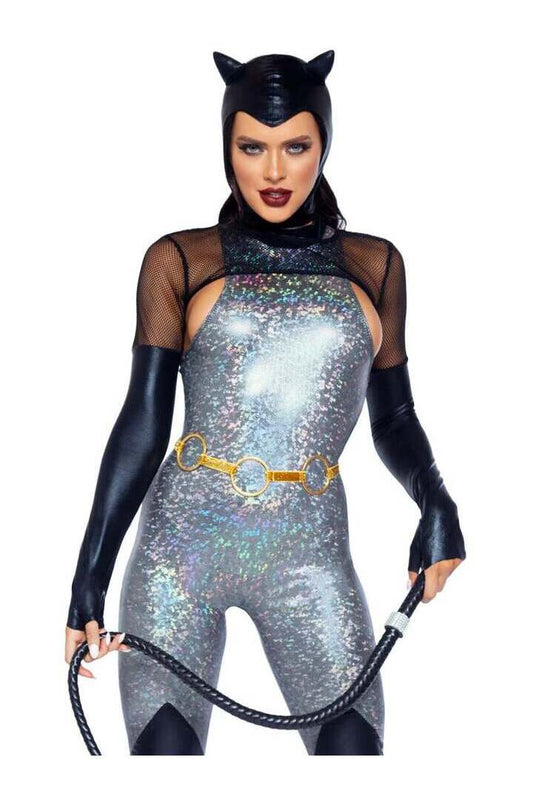 Leg Avenue Feline Felon Villain Catsuit Costume in Black/Silver