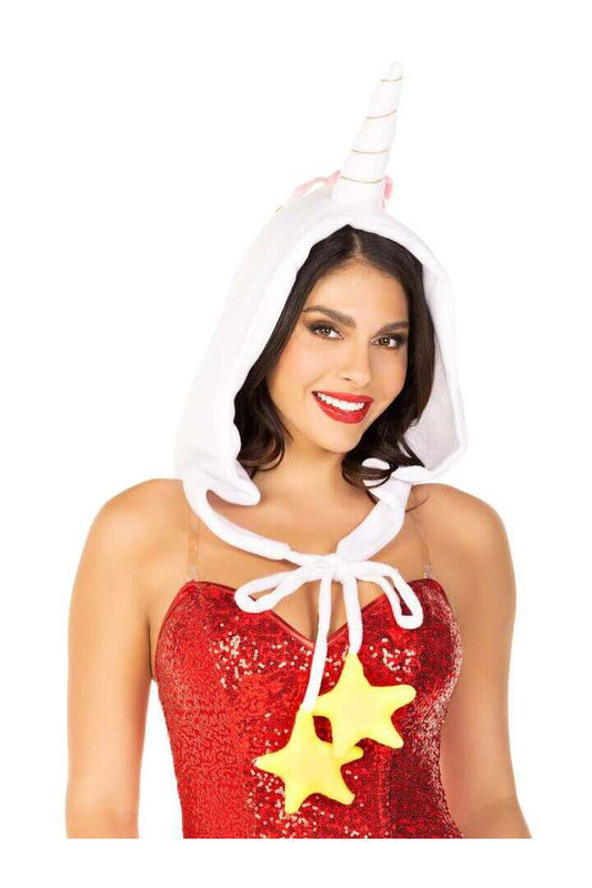 Leg Avenue Fleece Rainbow Unicorn Hood with Star Ties White in One Size