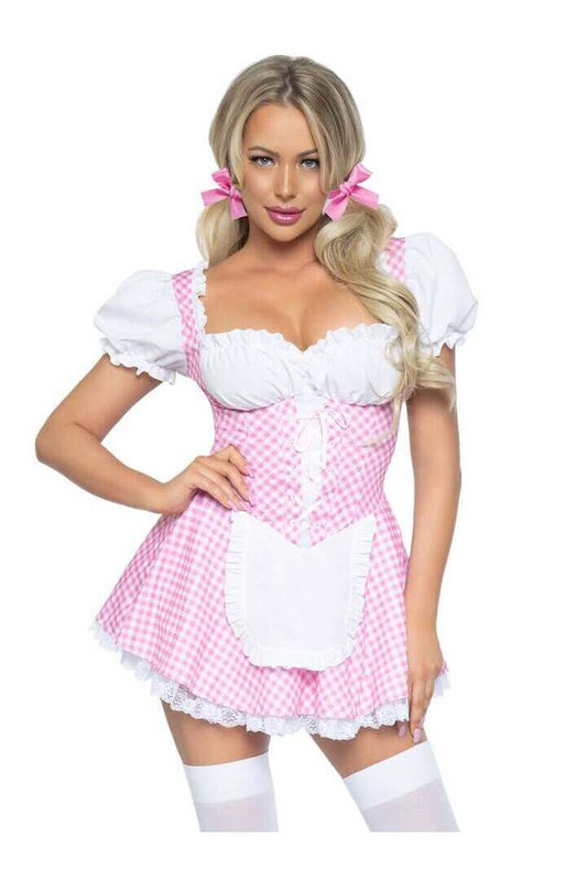 Leg Avenue Gingham Dress With Apron in Pink/White