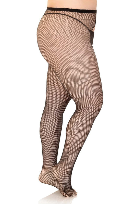 Leg Avenue Ginny Plus Fishnet Crotchless Pantyhose Black in Queen Size