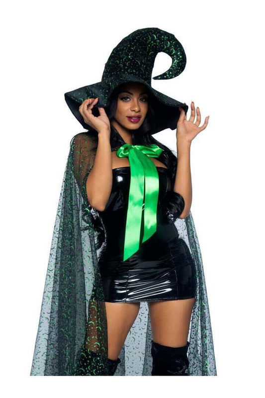 Leg Avenue Glitter Moon Cape and Witch Hat Costume Set Black/Green in One Size