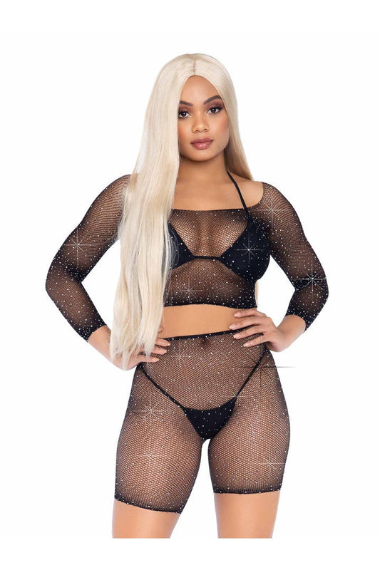 Leg Avenue Good Vibes Fishnet Crop Top & Bike Shorts Black in One Size 6