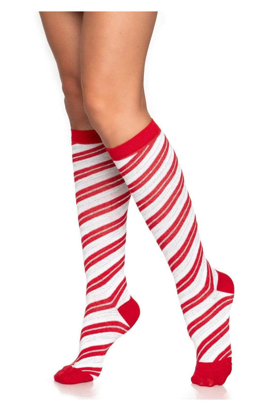 Leg Avenue Krystal Candy Cane Knee Socks Red/White in One Size 2