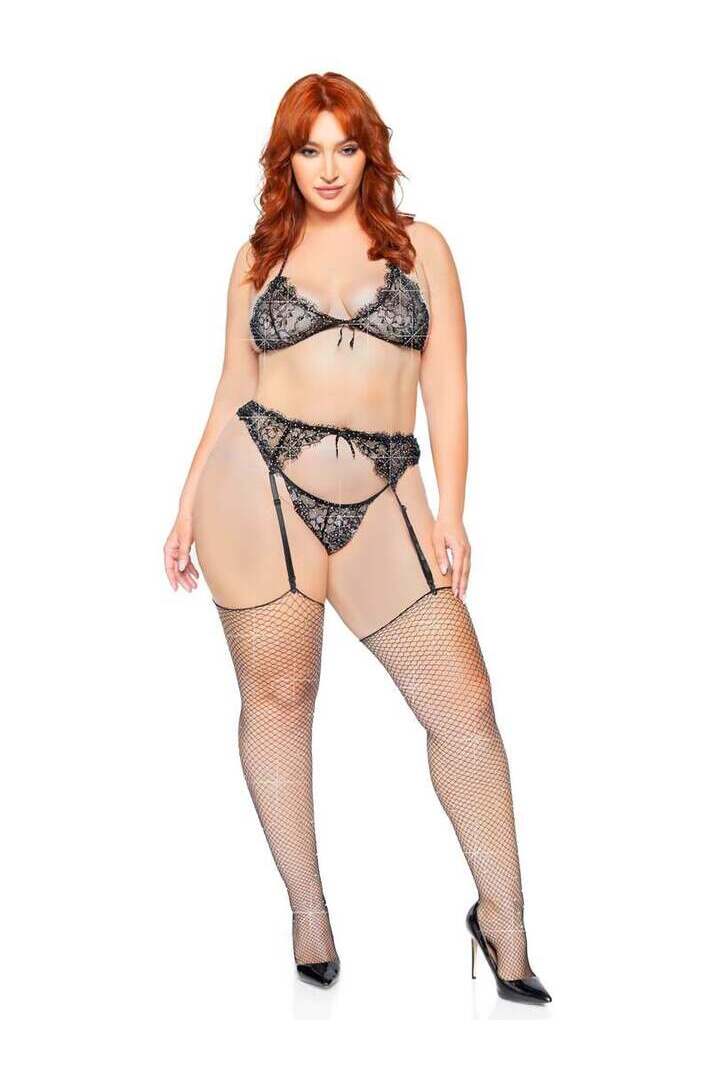 Leg Avenue Love to Love Plus Rhinestone Lace Bra Set Black in 1X/2X 3