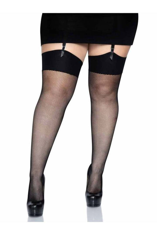Leg Avenue Lucy Plus Fishnet Thigh High Stockings Black in 1X/2X