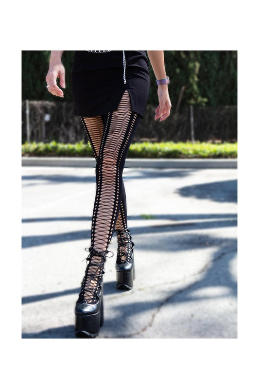 Leg Avenue Meg Crochet Lace Up Tights Black in One Size