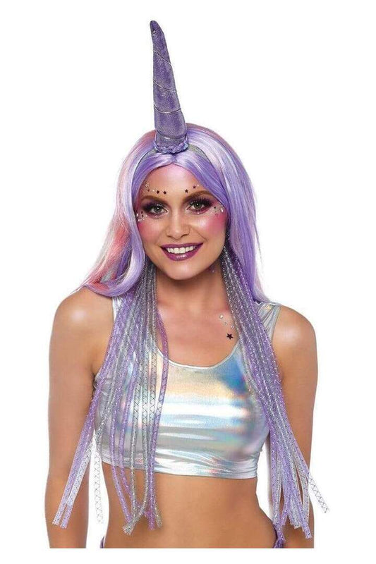 Leg Avenue Mystical Shimmer Unicorn Headband with Tube Ribbon Mane Lavender in One Size