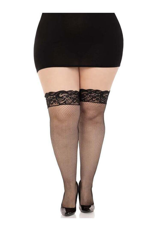 Leg Avenue Nicole Plus Fishnet Thigh High Stockings Black in Queen Size