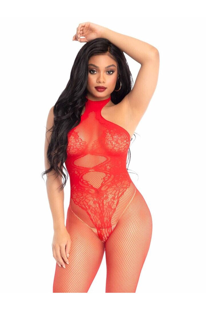 Leg Avenue Over You Fishnet Bodystocking Red in One Size 2