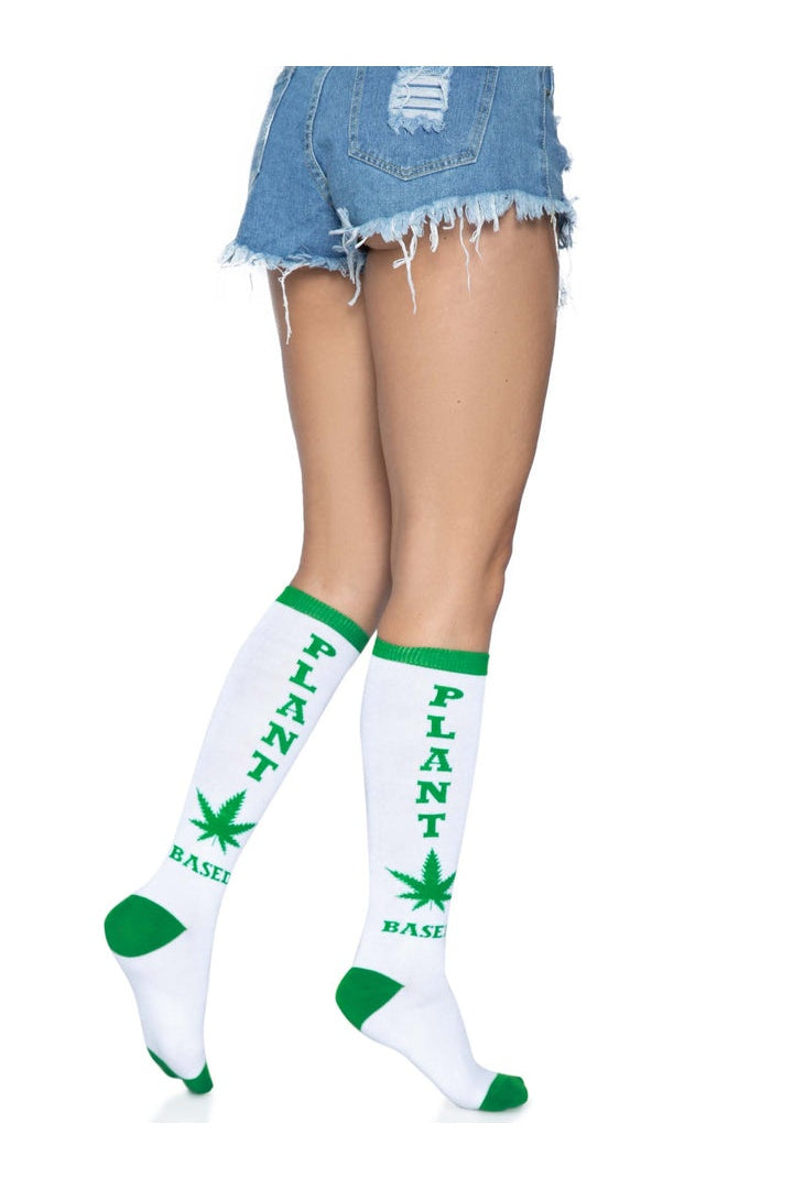 Leg Avenue Plant Based Knee High Socks White/Green in One Size 1