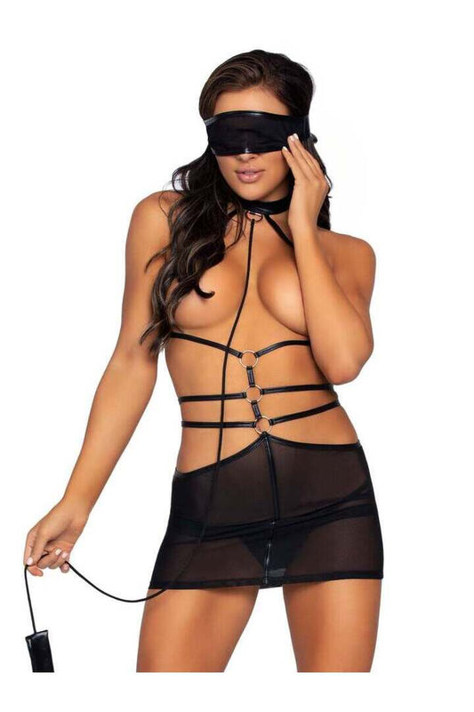Leg Avenue Pleasure Play Leashed Mini Dress Set Black in One Size 1