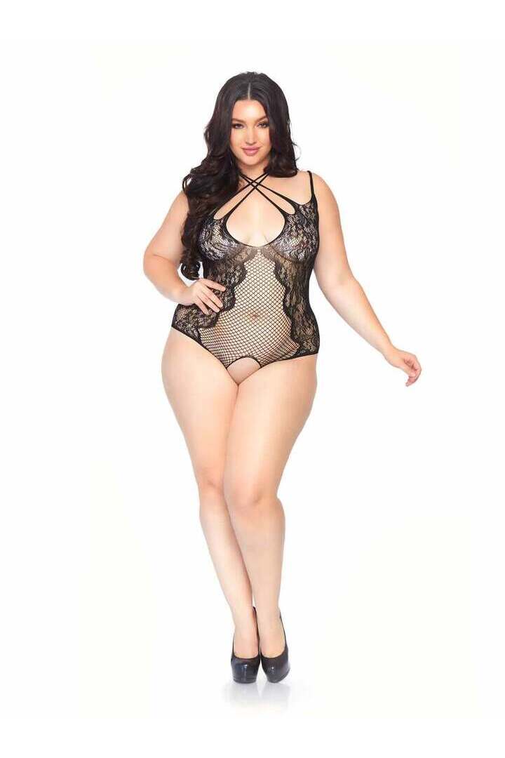 Leg Avenue Plus Afterglow Lace Halter Teddy Black in 1X/2X 3