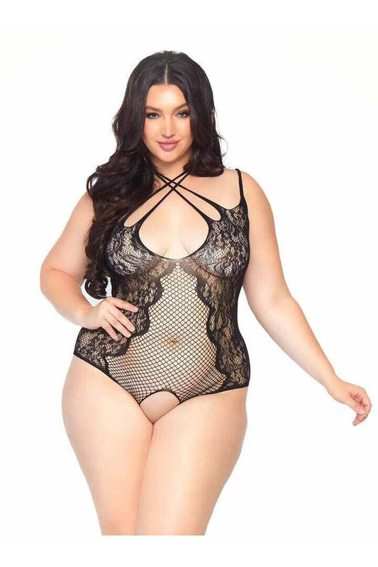 Leg Avenue Plus Afterglow Lace Halter Teddy Black in 1X/2X