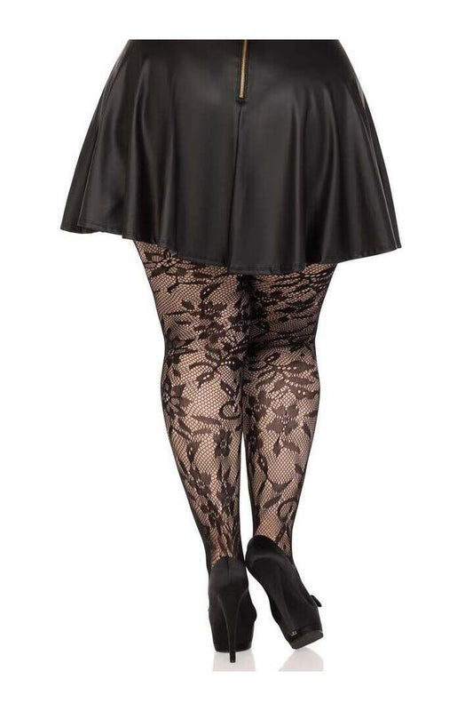 Leg Avenue Plus Chantilly Floral Lace Tights Black in 1X/2X 1