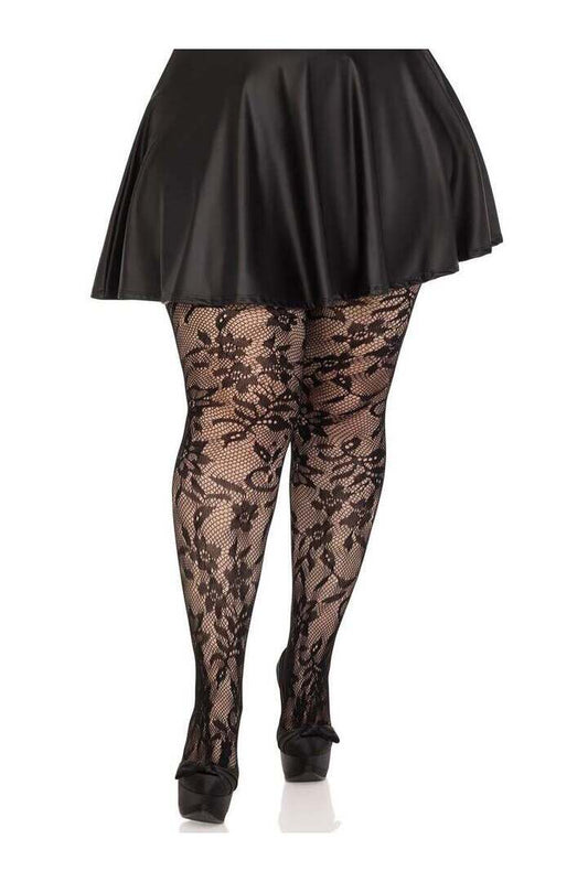 Leg Avenue Plus Chantilly Floral Lace Tights Black in 1X/2X