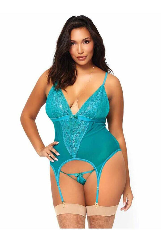 Leg Avenue Plus Come Play Cami Garter Set Turquoise in 3X/4X