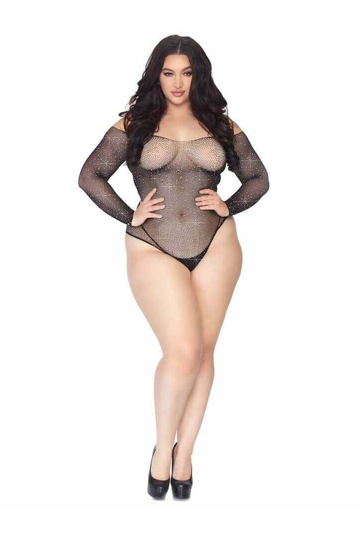 Leg Avenue Plus Falling 4 U Rhinestone Bodysuit Black in 1X/2X 3