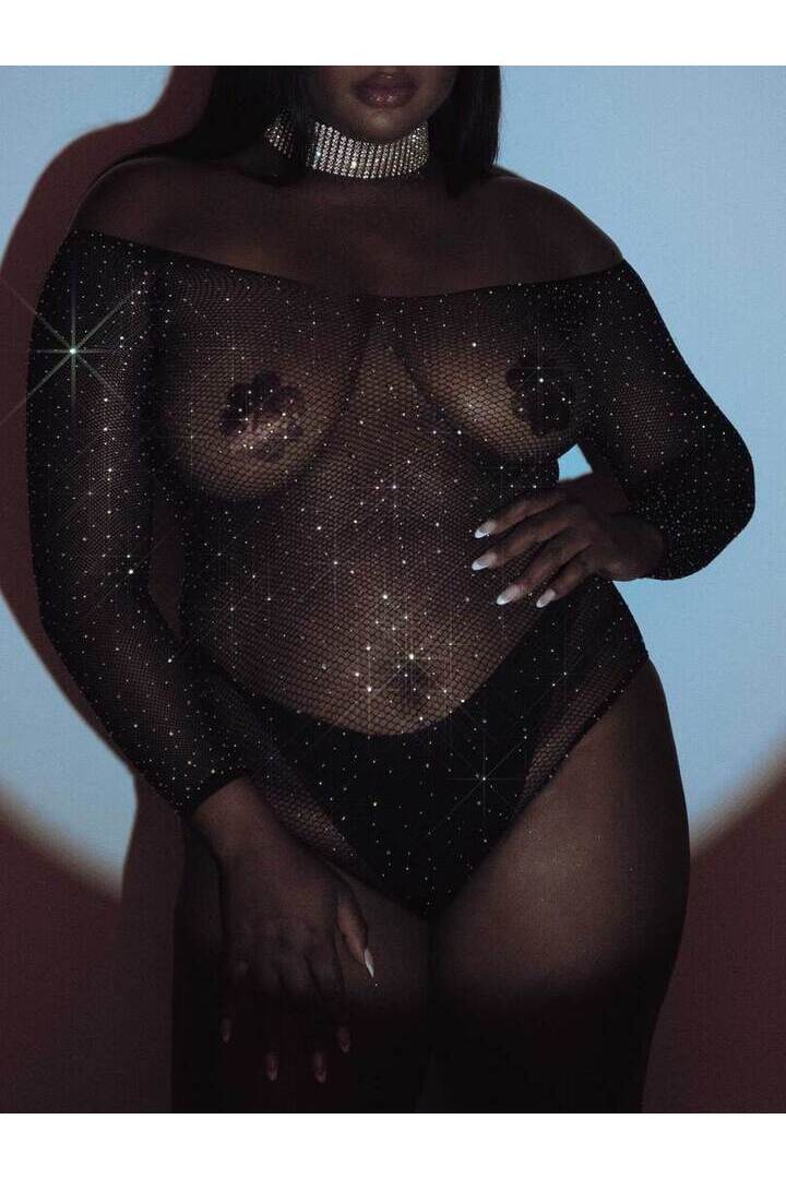Leg Avenue Plus Falling 4 U Rhinestone Bodysuit Black in 1X/2X 5