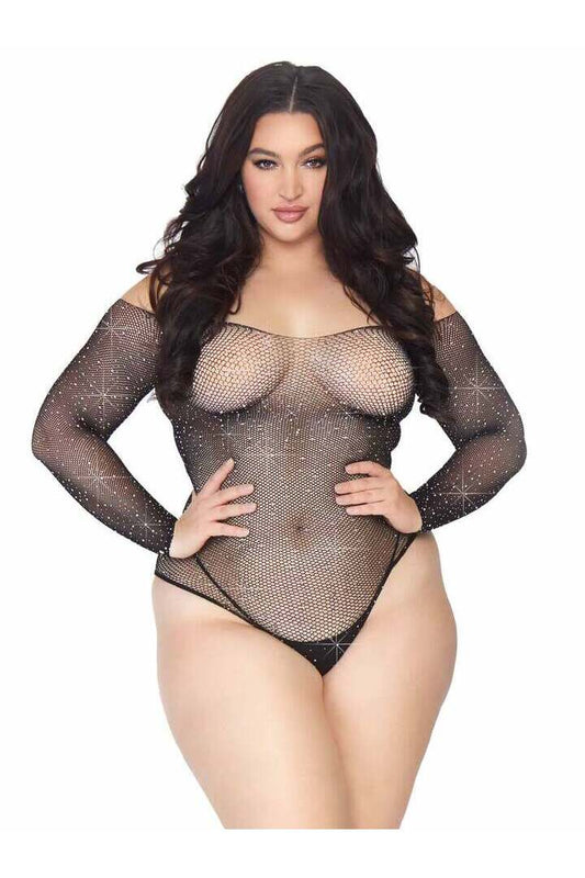 Leg Avenue Plus Falling 4 U Rhinestone Bodysuit Black in 1X/2X