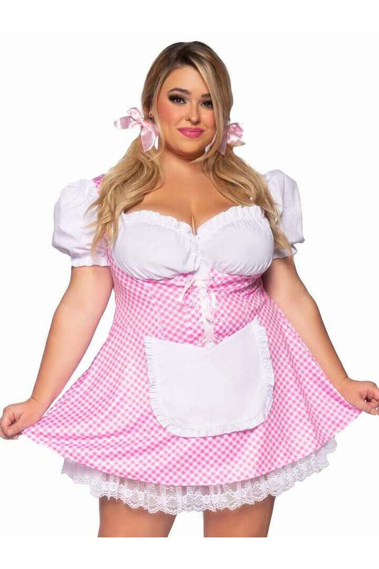Leg Avenue Plus Gingham Dress With Apron in Pink/White