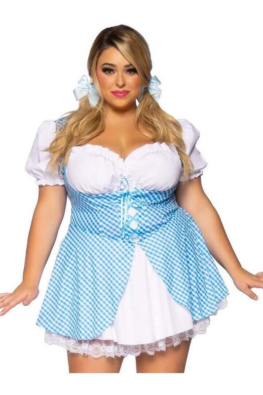 Leg Avenue Plus Gingham Dress With Split Skirt in Blue/White