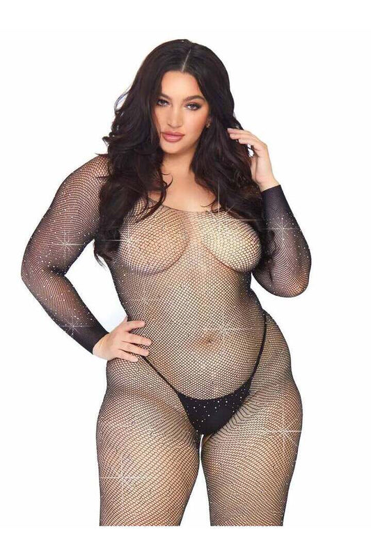 Leg Avenue Plus Please Me Rhinestone Bodystocking Black in 1X/2X