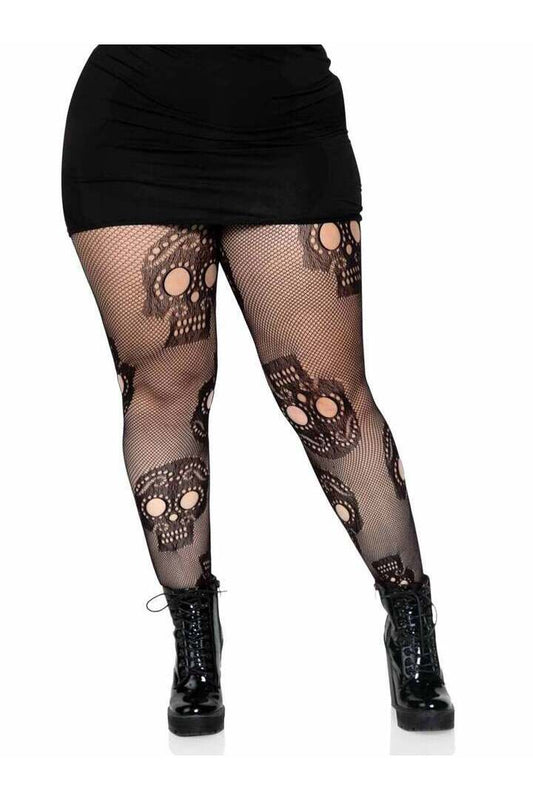 Leg Avenue Plus Sugar Skull Net Tights Black in 1X/2X